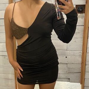 AKIRA Brown and Gold Long Sleeve Dress